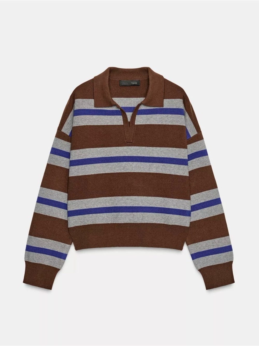 Brown and blue striped polo sweater